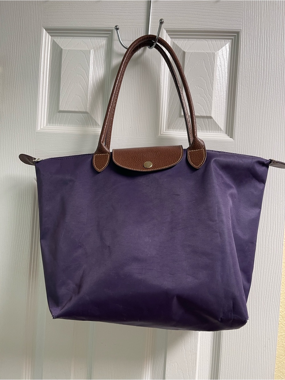 Purple Tote Bag with Brown Leather Trim